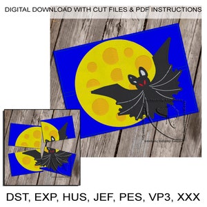 May include: A digital download of a bat and moon embroidery design. The design is split into four pieces for easier stitching. The design is available in DST, EXP, HUS, JEF, PES, VP3, and XXX file formats.