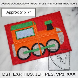 May include: A digital embroidery design of a red, orange, and green train with three wheels. The design is approximately 5 inches by 7 inches and is available in the following formats: DST, EXP, HUS, JEF, PES, VP3, and XXX.