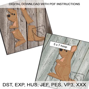 May include: A digital download of an embroidery design of a kangaroo. The design is for a 5x7 hoop and is available in DST, EXP, HUS, JEF, PES, VP3, and XXX formats.