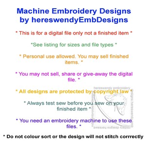 The image includes an FAQ section for HeresWendyEmbDesigns. It explains what files are included in the download, provides guidance on how to use the files, and outlines what customers are permitted to do with them.