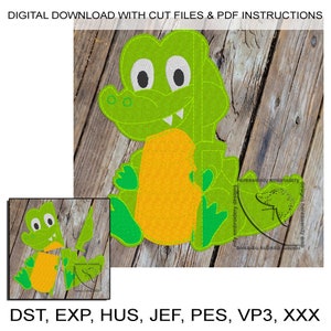 May include: A green and yellow alligator applique embroidery design. The design is made up of several pieces that can be sewn together to create a finished product. The design is available in a variety of file formats, including DST, EXP, HUS, JEF, PES, VP3, and XXX.