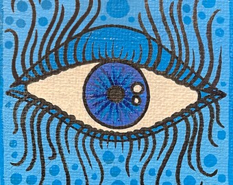 Puede incluir: Un ojo azul con pestañas negras y un iris blanco. El ojo está rodeado de un fondo azul con puntos blancos.