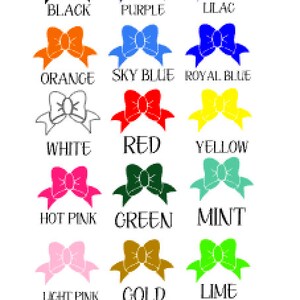 Puede incluir: Una tabla de colores de vinilo brillante con un lazo en cada color. Los colores son negro, morado, lila, naranja, azul cielo, azul real, blanco, rojo, amarillo, rosa fuerte, verde, menta, rosa claro, dorado, lima, plata, turquesa y burdeos.