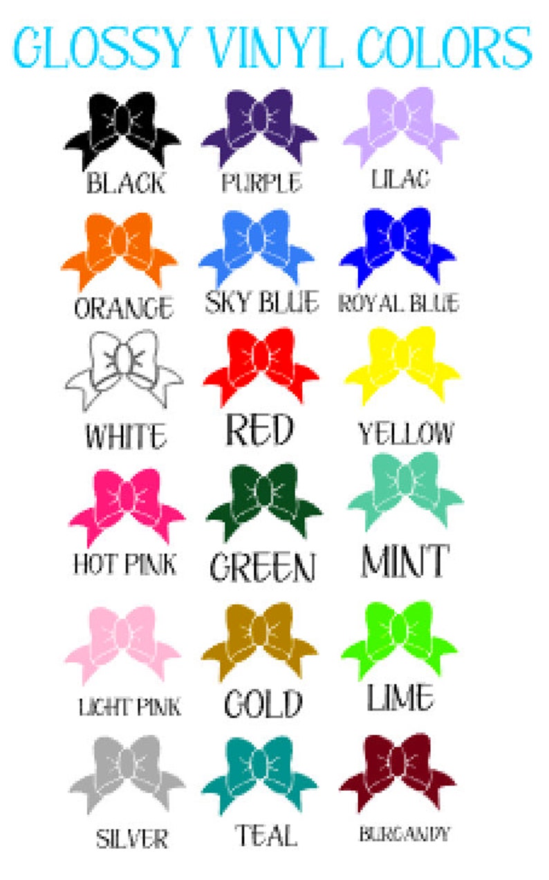 Puede incluir: Una tabla de colores de vinilo brillante con un lazo en cada color. Los colores son negro, morado, lila, naranja, azul cielo, azul real, blanco, rojo, amarillo, rosa fuerte, verde, menta, rosa claro, dorado, lima, plata, turquesa y burdeos.