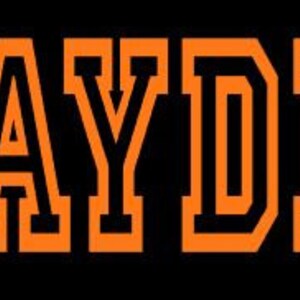 Puede incluir: Gr&aacute;fico de b&eacute;isbol naranja y negro con el nombre "BRAYDEN" en letras grandes y en negrita. Una pelota de b&eacute;isbol blanca con costuras rojas est&aacute; a la derecha del nombre.