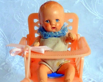 Old doll high chair pink for dollhouse 1:12 with baby doll Hertwig Thuringia