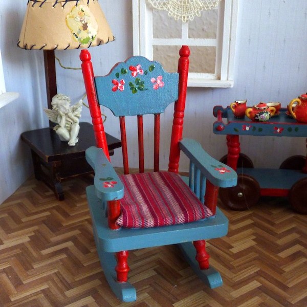 Dora Kuhn Rocking Chair Bleu Bois vintage Folk Art