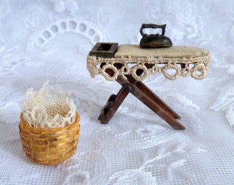 1:24 Dollhouse Miniature - Ironing Board with Iron and Laundry Basket - Shabby Chic Country House Style