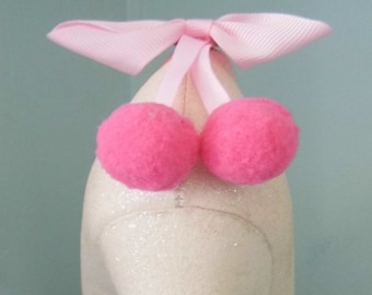 2 Quirky Pale Pink Bow Shoe Clips with Cerise Pink Pompoms