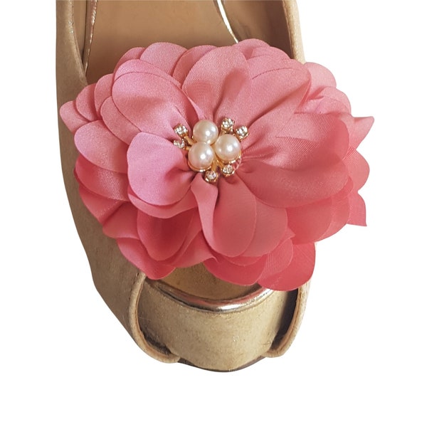 Beautiful Deeree Large Satin Coral Flower Shoe Clips