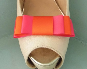 Handmade Cerise Pink & Orange Triple Bow Shoe Clips - other colours on request