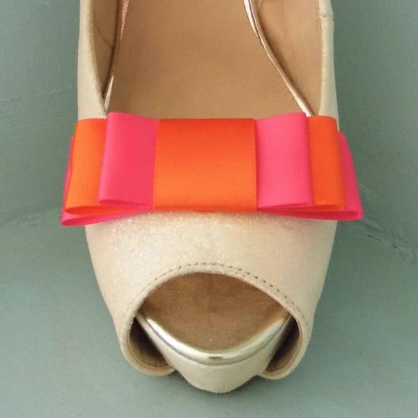 Handmade Cerise Pink - Orange Triple Bow Shoe Clips - autres couleurs sur demande