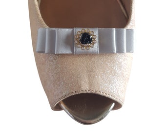 Handmade Small Silver Satin Bow Clips for Shoes with Rose & Diamante Centre
