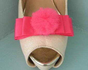 Handmade Bright Pink Triple Bow Shoe Clips with Tulle Pompom Centre