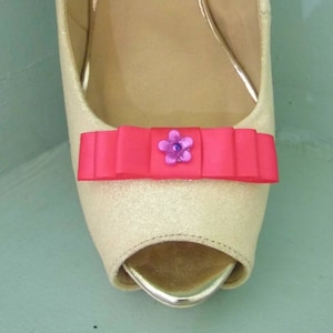 Handmade Small Cerise Pink Bow Shoe Clips with Little Flower Centre