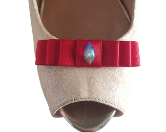 Handmade Small Red Bow Shoe Clips with Iridescent Centre