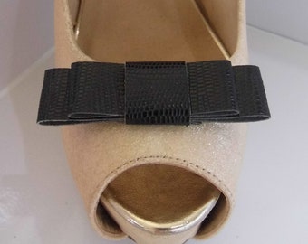 Handmade Black Faux Snake Skin Double Bow Shoe Clips