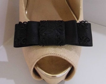 Handmade Black Satin Triple Bow Shoe Clips with Filigree Edge