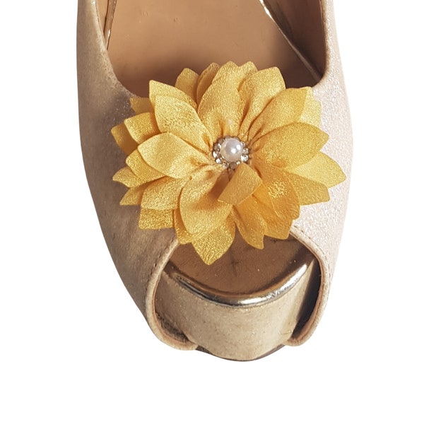 Beautiful Deeree Small Satin Mustard Yellow Flower Shoe Clips
