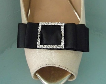 Handmade Black Triple Bow Shoe Clips with Diamante Buckle Centre