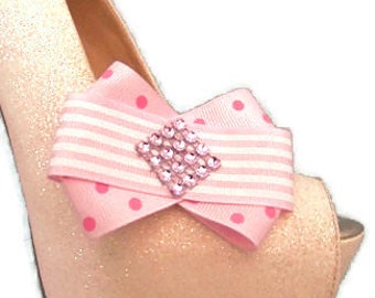 Beautiful Handmade Ribbon and Diamante Bow Shoe Clips.