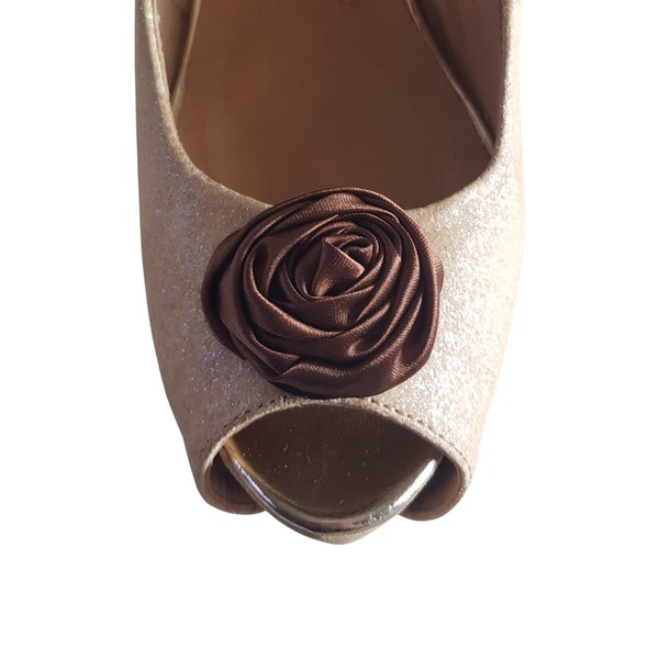 Beautiful Deeree Small Brown Satin Flower Shoe Clips