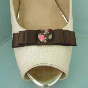 Handmade Small Brown Bow Shoe Clips with Oriental Style Button Centre