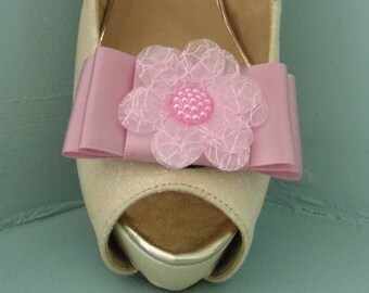 Handmade Large Pink Satin Bow Shoe Clips with Flower Centre