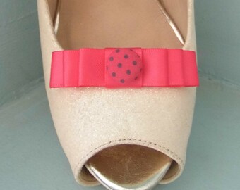 Handmade Small Cerise Pink Bow Shoe Clips with Spotted Button Centre