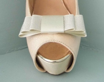 2 Silver / Champagne Double Sided Satin Glitter Bow Clips for Shoes
