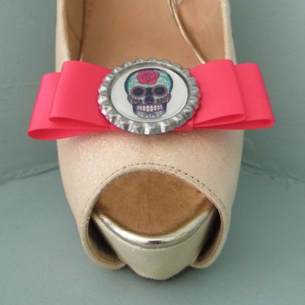 Quirky Handmade Pink Day of the Dead Shoeclips - Other designs & Ribbon Colours Avail