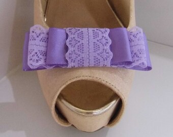 Handmade Lilac Satin & Lace Triple Bow Shoe Clips