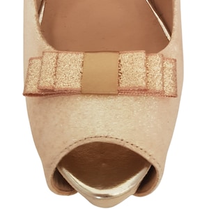 Handmade Small Gold Glitter Bow Shoe Clips with Rose Gold Trim