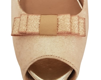 Pinzas para zapatos con lazo de purpurina dorada pequeñas hechas a mano con borde de oro rosa