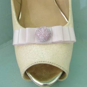 Handmade Small Ice Pink Bow Shoe Clips with Glittery Button Centre