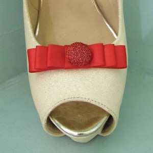 Handmade Small Red Bow Shoe Clips with Glittery Button Centre