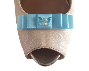 Handmade Small Bow Shoe Clips with Butterfly Centre - Various Colours
