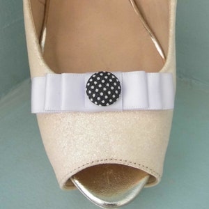 Handmade Small White Bow Shoe Clips with Black & White Spotted Button Centre