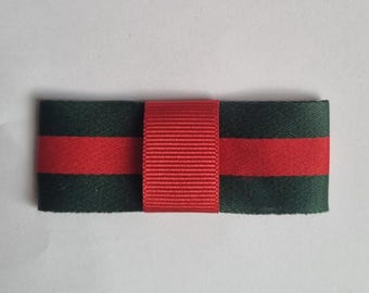 Handmade Pair of Green & Red Striped Bow Shoe Clips with Red Band