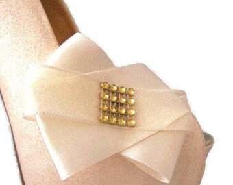 Beautiful Handmade Ribbon and Diamante Bow Shoe Clips.