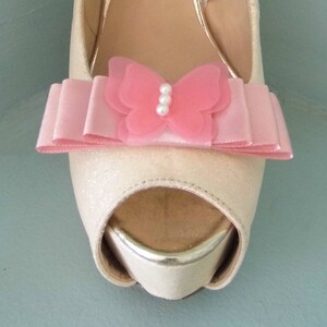 Handmade Candy Pink Bow Shoe Clips with Delicate Butterfly Centre