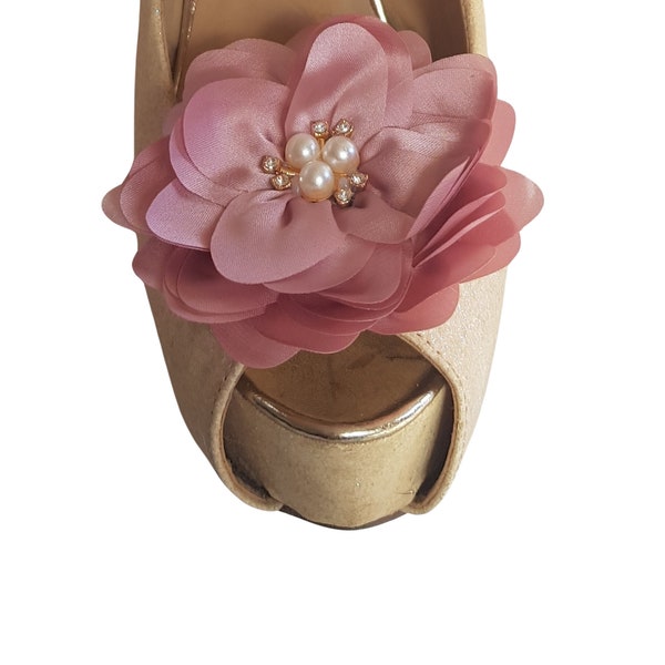Beautiful Deeree Large Satin Dusky Pink Flower Shoe Clips