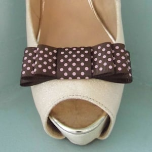 Handmade Triple Bow Shoe Clips Brown with Pink Spots