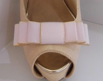 Handmade Pink Satin Triple Bow Shoe Clips with Gold Trim