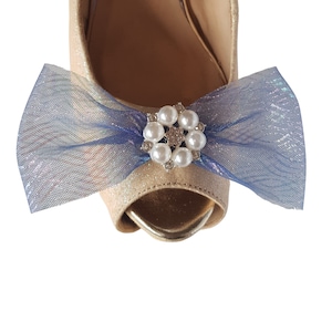 Handmade Wedding / Bridal Shoe Clips - Blue Flourescent Bows with Diamante & Pearl Centre