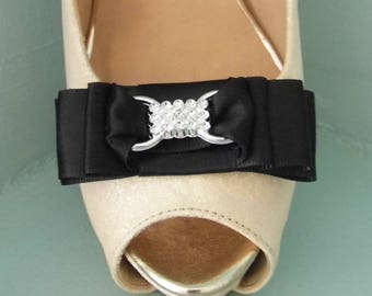 Handmade Black Satin Bow Shoe Clips with Buckle Style Centre