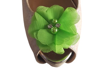 Beautiful Deeree Lime Green Chiffon Shoe Clips with Pearl & Diamante Centre