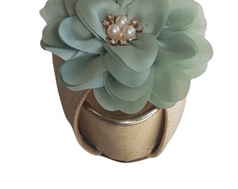Beautiful Deeree Large Satin Sage Green Flower Shoe Clips with Pearl & Diamante