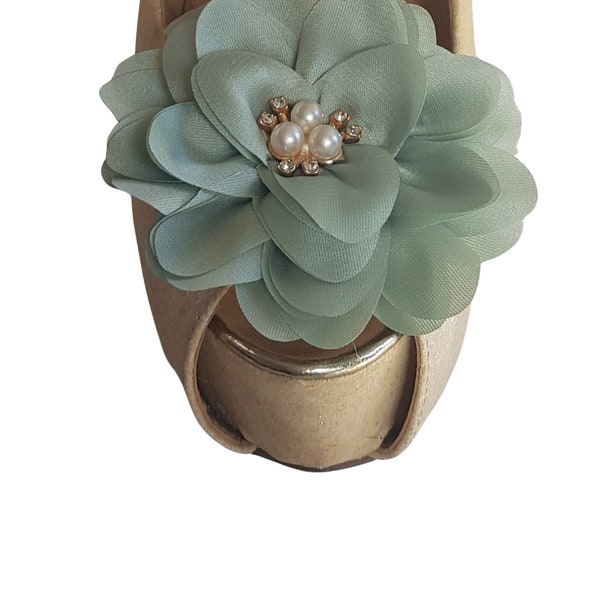 Beautiful Deeree Large Satin Sage Green Flower Shoe Clips