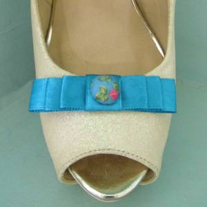 Handmade Small Turquoise Bow Shoe Clips with Oriental Style Button Centre